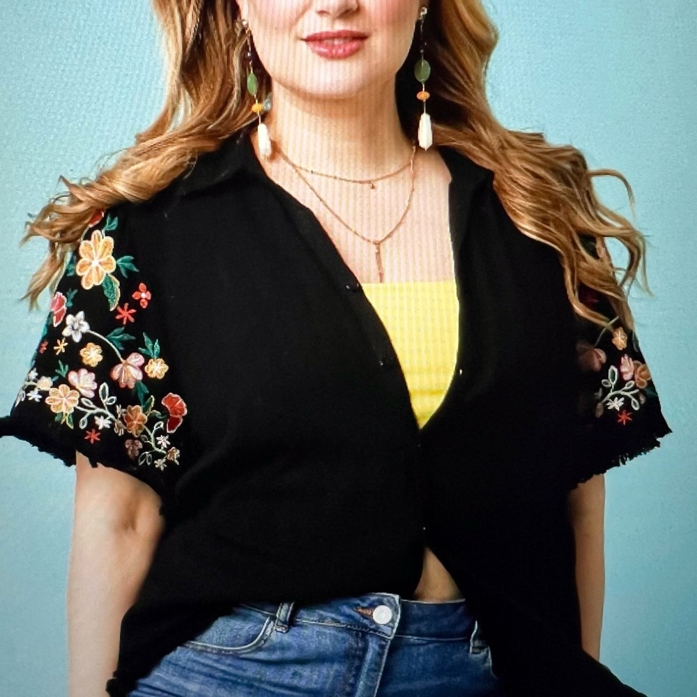 Umgee Black Boxy Embellished Button Down Shirt Plus Size - Picture 5 of 6